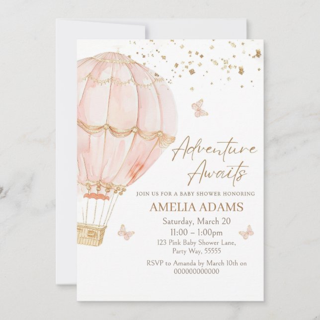 Pink Hot Air Balloon Baby Shower Invitation, Girl  Invitation (Front)