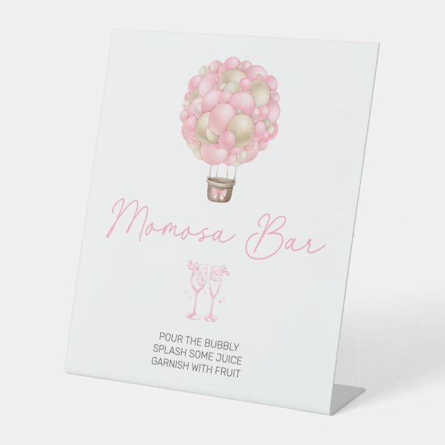 Pink Hot Air Balloon Baby Shower Momosa Bar Pedestal Sign (Front)