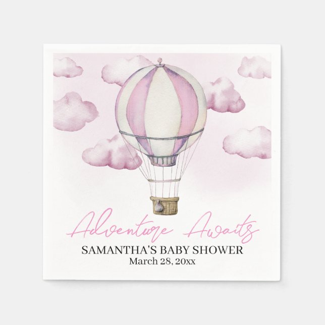 Pink Hot Air Balloon Baby Shower Paper Napkin (Front)