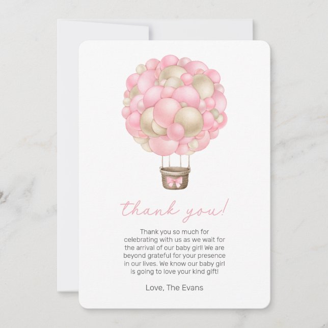 Pink Hot Air Balloon Baby Shower Thank You Card (Front)