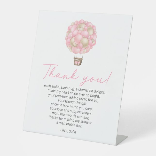 Pink Hot Air Balloon Baby Shower Thank You Poem Pedestal Sign (Front)