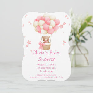 Pink Hot Air Balloon Bear Baby Shower Invitation