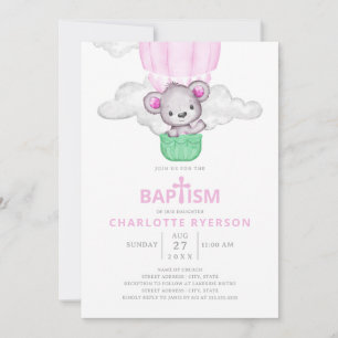 Pink Hot Air Balloon Bear Girl Baptism Invitation
