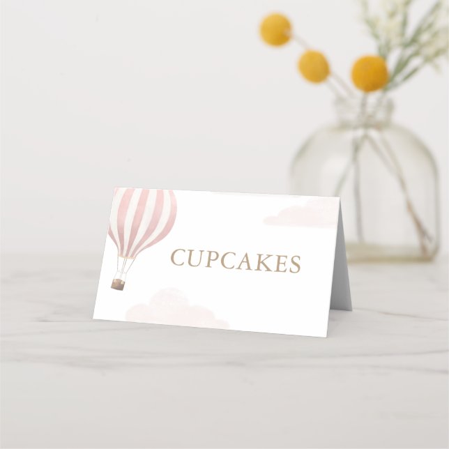 Pink Hot Air Balloon Birthday Food Labels Place Card (Front)
