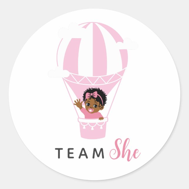 Pink Hot Air Balloon Black Gender Reveal  Classic Round Sticker (Front)