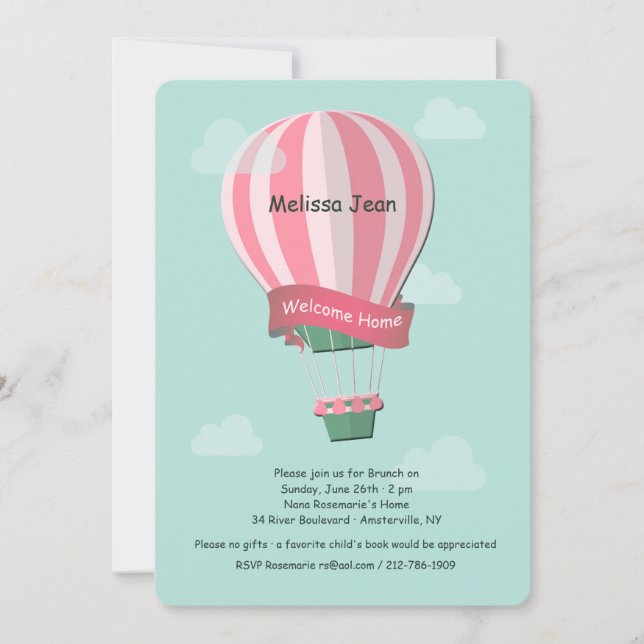 Pink Hot Air Balloon Blue Background Invitation (Front)