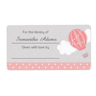Pink Hot Air Balloon Bookplate Label Sticker