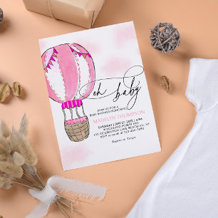 Pink Hot Air Balloon Calligraphy Oh Baby Shower Invitation