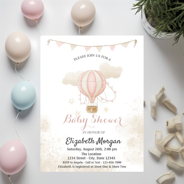 Pink Hot Air Balloon Clouds Baby Shower Invitation (Creator Uploaded)