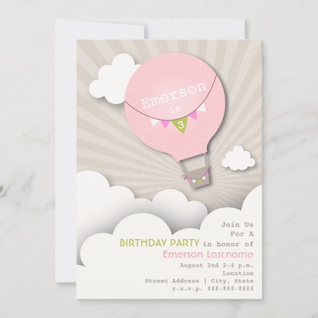 Pink Hot Air Balloon & Clouds Girl's Birthday Invitation (Front)