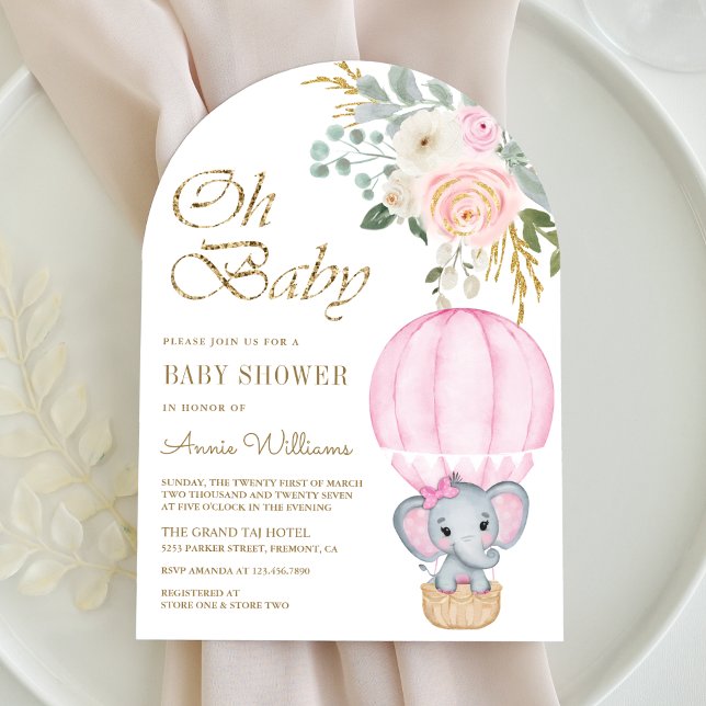 Pink Hot Air Balloon Elephant Arch Baby Shower Invitation (Creator Uploaded)