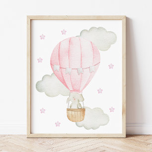 Pink Hot Air Balloon, Elephant, Star, Girl Nursery Poster