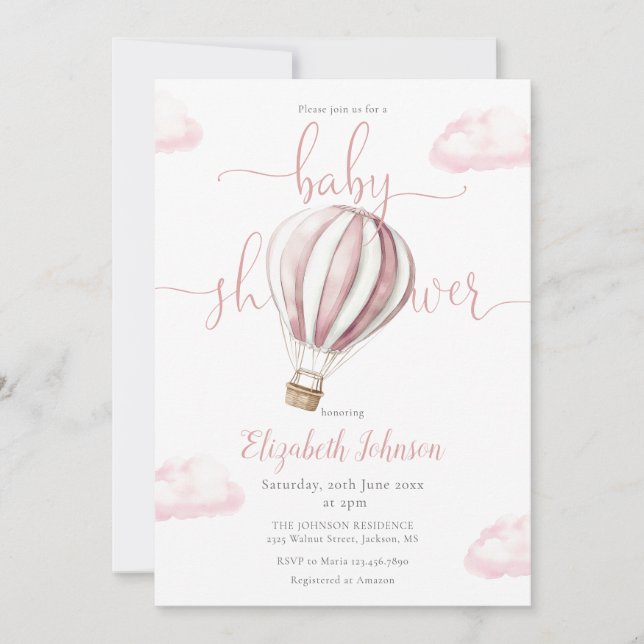 Pink Hot Air Balloon Girl All In One Baby Shower Invitation (Front)