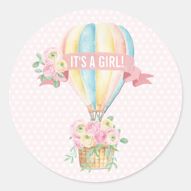 Pink Hot Air Balloon Girl Baby Shower Adventure Classic Round Sticker (Front)