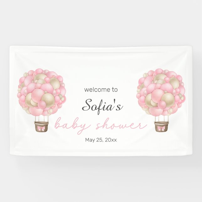 Pink Hot Air Balloon Girl Baby Shower Banner (Horizontal)