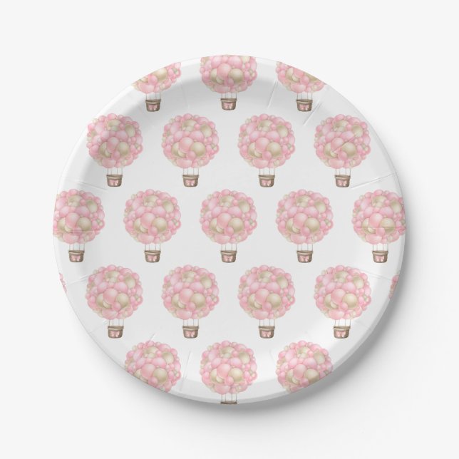 Pink Hot Air Balloon Girl Baby Shower Paper Plate (Front)