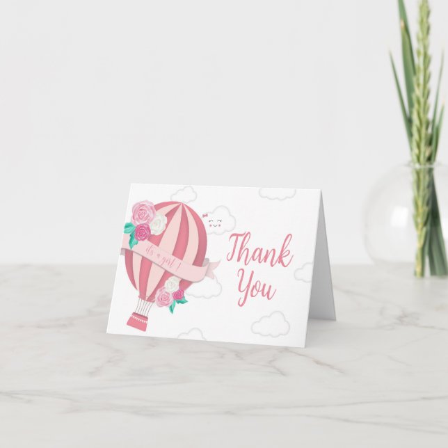 Pink Hot Air Balloon Girl Baby Shower  Thank You Card (Front)