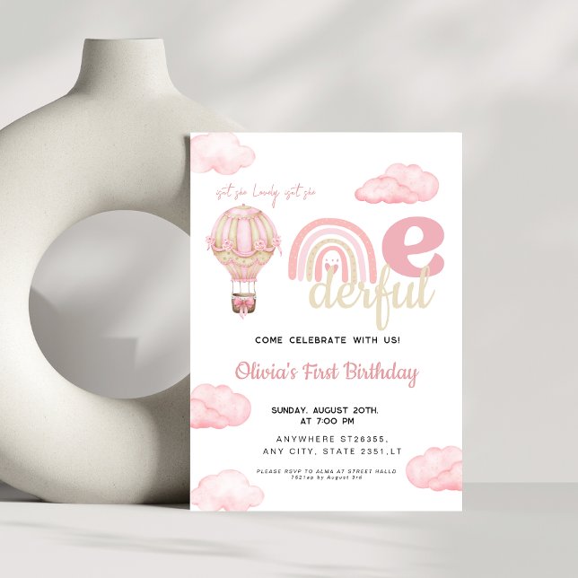 Pink Hot Air Balloon Isn't She Onederful Birthday  Invitation (Creator Uploaded)