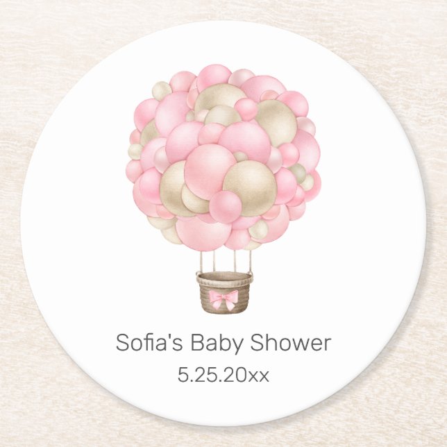 Pink Hot Air Balloon Round Paper Coaster (Front)