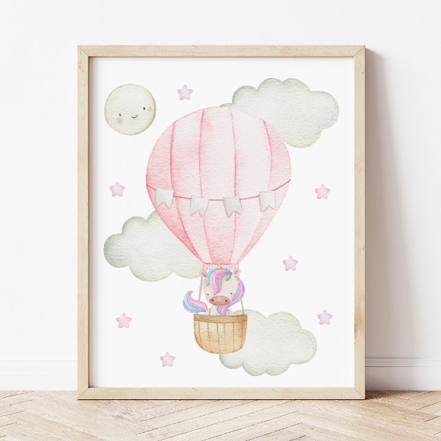 Pink Hot Air Balloon, Unicorn, Stars, Girl Nursery Poster (Creator Uploaded)