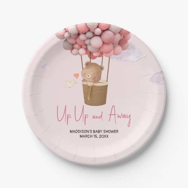 Pink Hot Air Balloon Up and Away Baby Shower Paper Plate (Front)