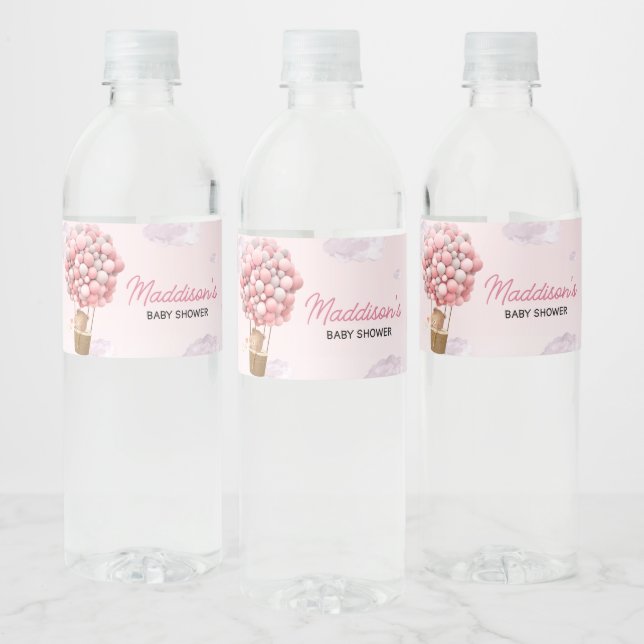 Pink Hot Air Balloon Up and Away Baby Shower Water Bottle Label (Bottles)