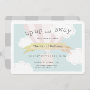 Pink Hot Air Balloon Up Up and Away 1st Birthday Invitation