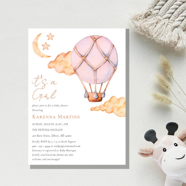 Pink Hot Air Balloon White It's a Girl Baby Shower Invitation (Creator Uploaded)
