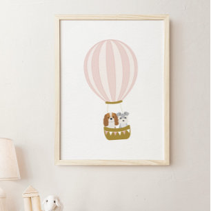 Pink Hot Air Balloon with Dogs Nursery Poster