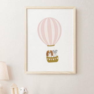 Pink Hot Air Balloon with Dogs Nursery Poster