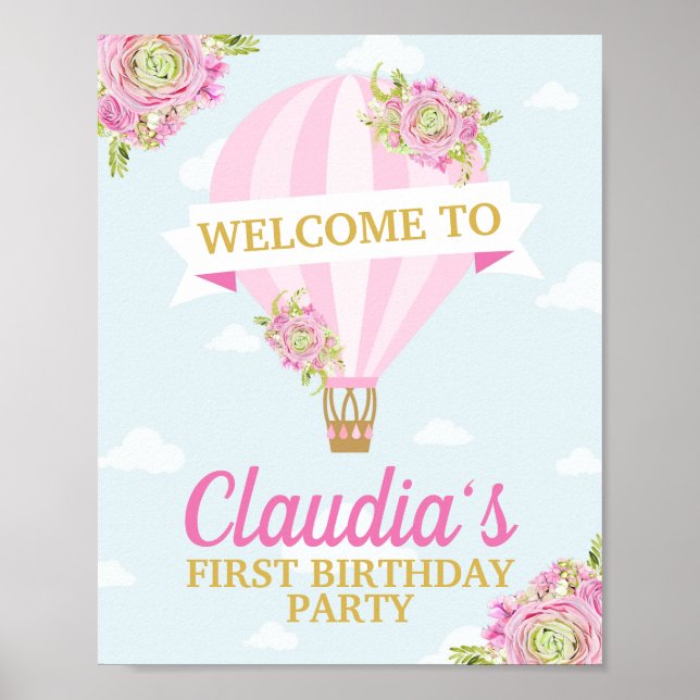 Pink Hot Air Balloon With Pink Flowers Birthday Poster (Front)