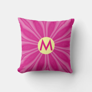 Pink Hot Bright Sunburst Monogram Yellow Circle  Cushion
