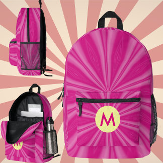 Pink Hot Bright Sunburst Monogram Yellow Circle Printed Backpack