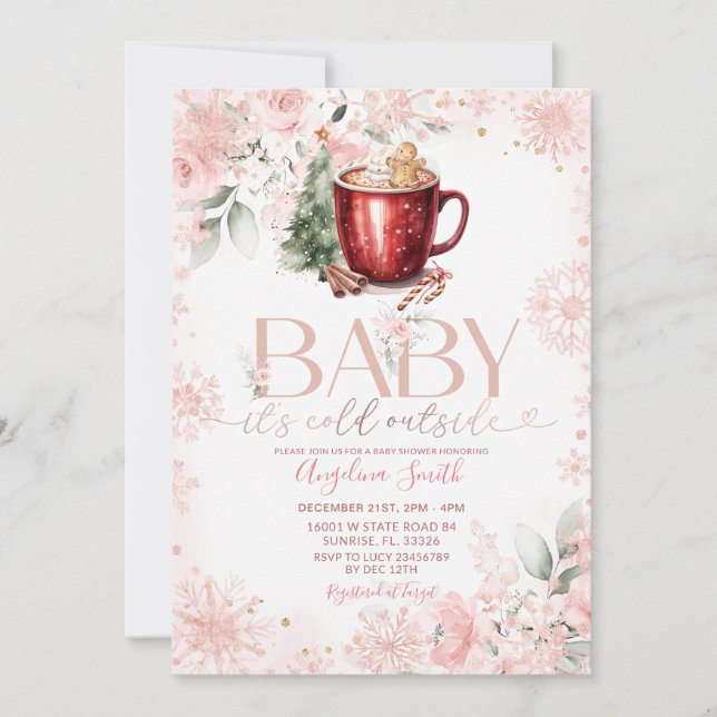 Pink Hot Cocoa Christmas Baby Shower Invite (Front)