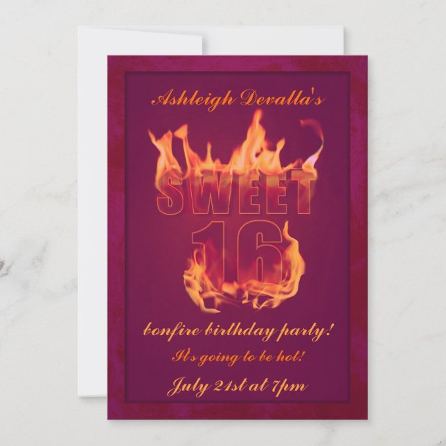Pink Hot Fire Sweet 16 Bonfire Party Invitation (Front)