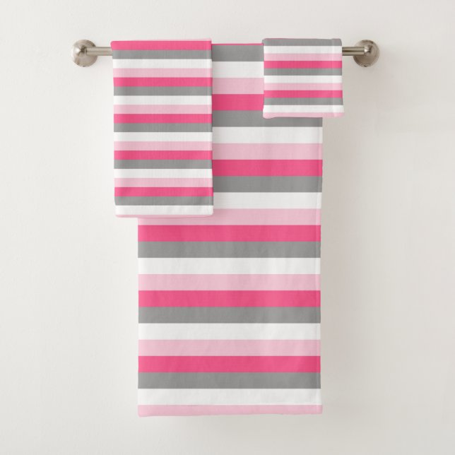 Pink, Hot Pink, White and Charcoal Grey Stripes  Bath Towel Set (Insitu)