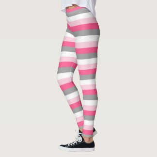 Pink, Hot Pink, White and Charcoal Grey Stripes Leggings