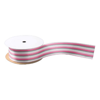 Pink, Hot Pink, White and Charcoal Grey Stripes Satin Ribbon