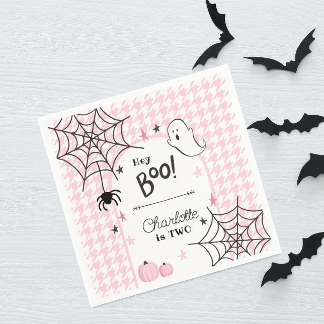 Pink Houndstooth Halloween Cute Ghost 2nd Birthday Napkin (Creator Uploaded)