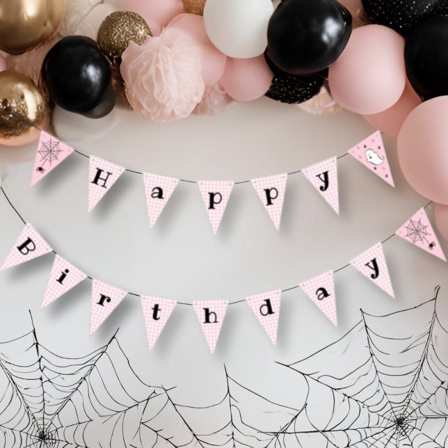 Pink Houndstooth Happy Birthday Halloween Ghost Bunting (Creator Uploaded)