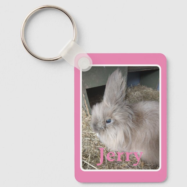 Pink House Rabbit Photo Image with Name Keepsake Key Ring (Front)