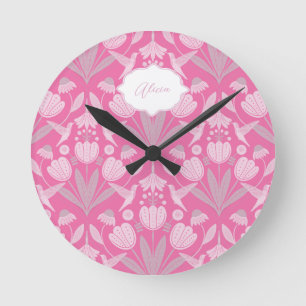 Pink Hummingbird Coquette Personalised floral Round Clock