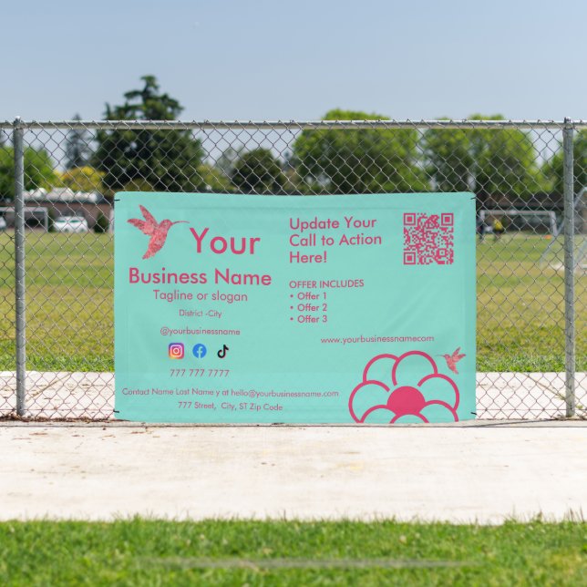 Pink Hummingbird QR Code Turquoise Business Banner (Insitu)