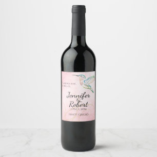 Pink Hummingbird Watercolor Wedding Wine Label