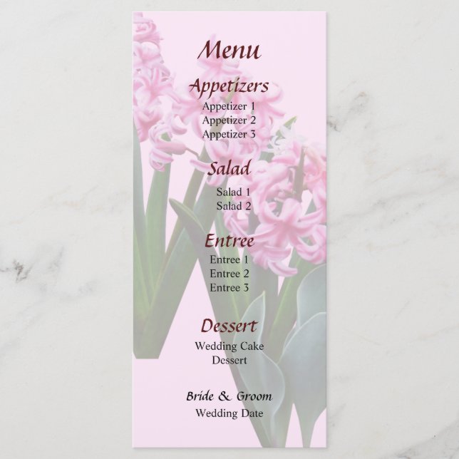 Pink Hyacinths All in a Row Wedding Menu (Front)