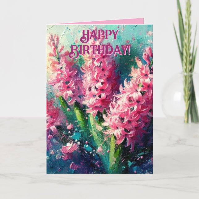 Pink Hyacinths Floral Flowers Birthday Greeting Note Card (Front)