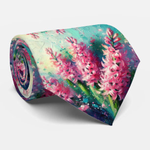 Pink Hyacinths Floral Impressionistic Painting Tie