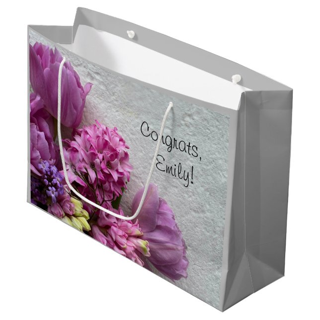 Pink hyacinths with tulips large gift bag (Front Angled)