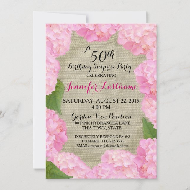 Pink Hydrangea 50th Birthday Invitation (Front)