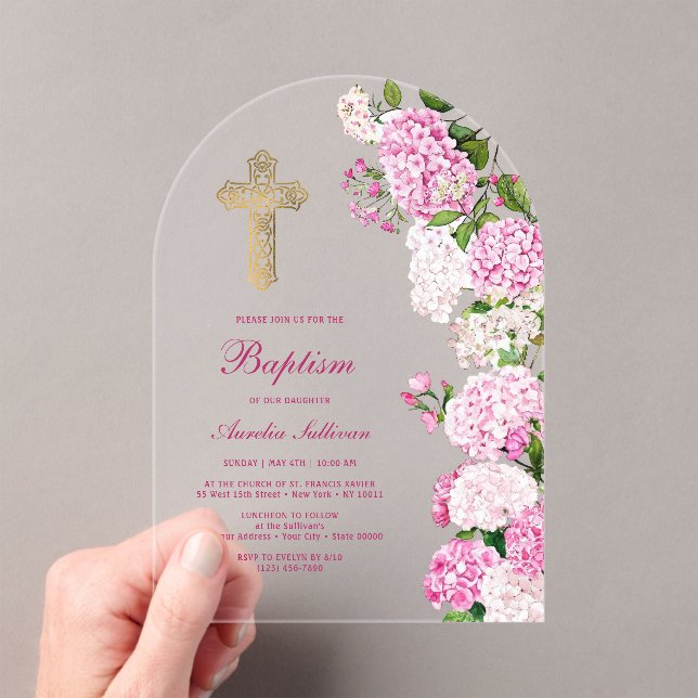 Pink Hydrangea Arch Baptism Acrylic Invitations (Insitu (Handheld))